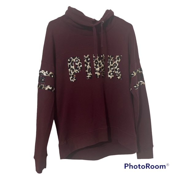 PINK Victoria's Secret Sweaters - Victoria’s Secret PINK  Leopard Sequin Bling Cowl Neck‎ Hoodie Medium